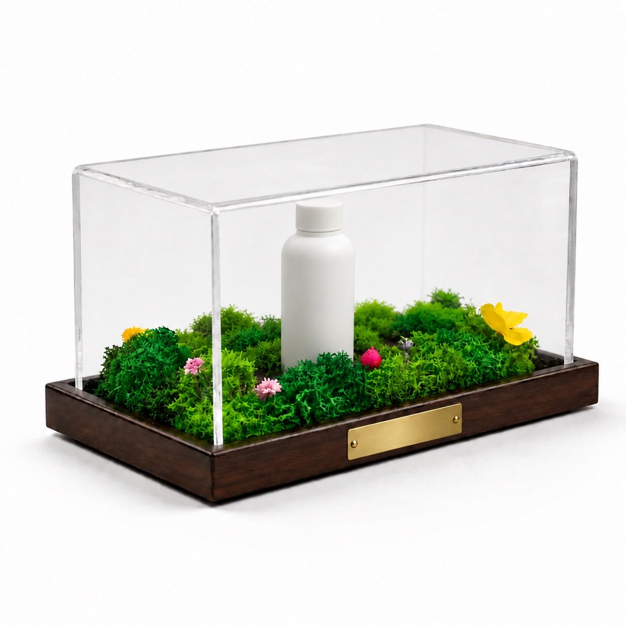 A plain white bottle in the same moss case