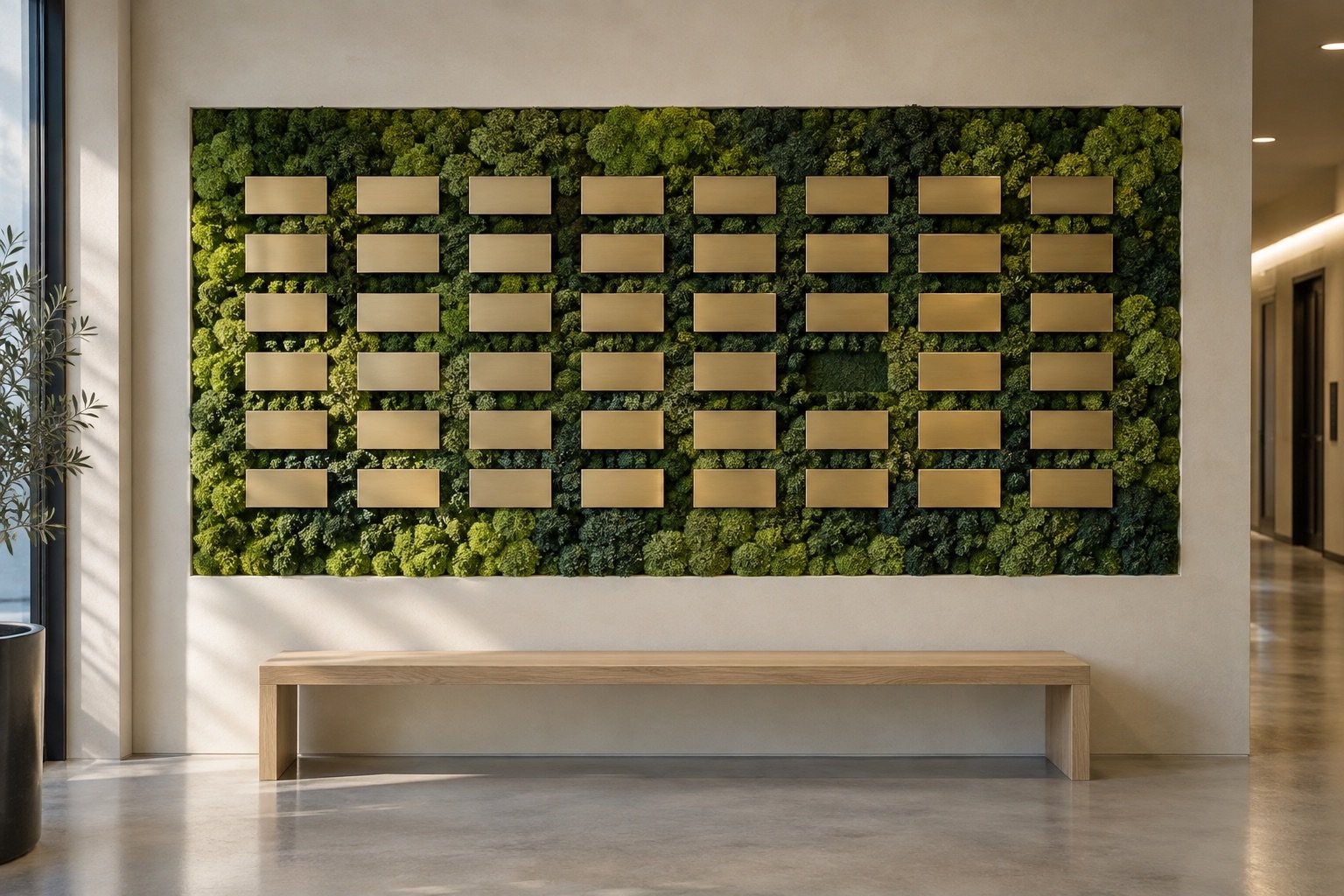 A wall of moss carrying a grid of small blank brass name plates, one of them missing